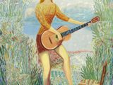 une peinture à l'huile représentant une femme avec une guitare dans un champ