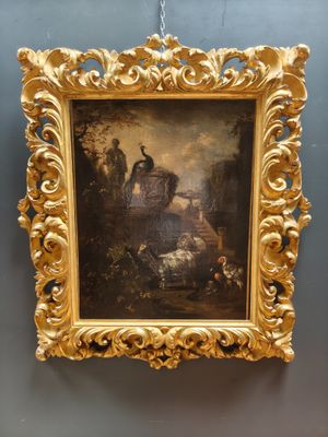 un vieux tableau accroché au mur d'une pièce, près d'un mur