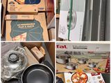 several pictures of various pans and pans on display in a store