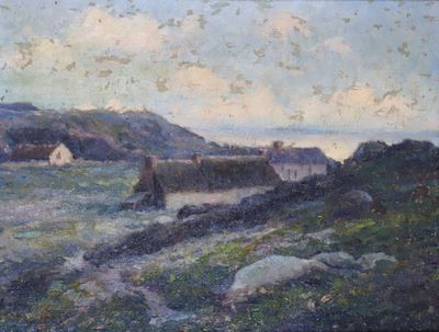tableau représentant la vue d'un petit village au bord d'un lac