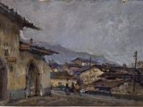 an image of a painting of a street scene with a horse and buggy