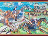 an oil painting of a horse race with jockeys and horses