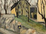 a painting of a yellow house on the side of the road