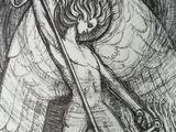 a drawing of an angel holding a scythe and a banner