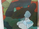 un tableau représentant une femme assise sur une chaise devant un tableau