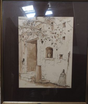 dessin encadré représentant une porte dans un bâtiment en pierre, avec une femme assise sur les marches