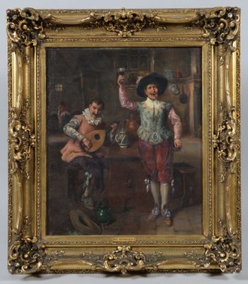 painting of a man playing a guitar and another man playing a guitar