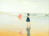 un tableau représentant une femme debout sur la plage avec un cerf-volant