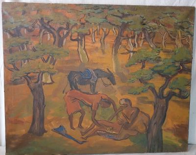 une peinture représentant un homme à cheval dans un champ