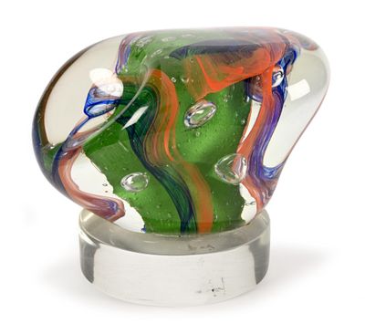 a glass vase with a green and red design on it