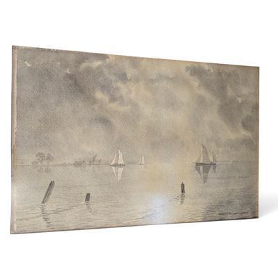 an image of a painting of sailboats in the water on a foggy day