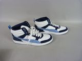 pair of blue and white high top sneakers on a white surface