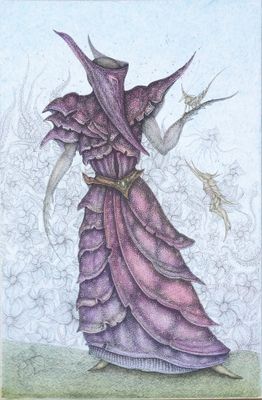 painting of a woman in a purple dress with a bird in her hand