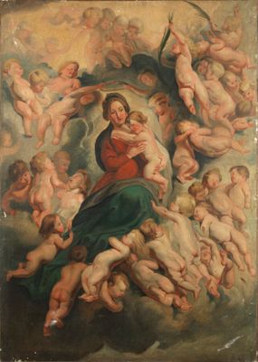 un tableau représentant une femme tenant un enfant dans ses bras, entourée d'anges