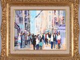 an oil painting of a group of people walking down a city street