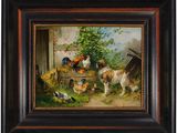 une peinture à l'huile représentant des poules et des coqs dans une grange