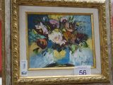 une peinture de fleurs dans un vase bleu sur une table