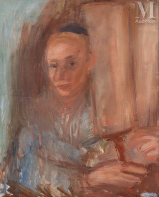 an oil painting of a woman sitting at a table holding a baby