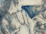 painting of a woman sitting in a chair with a bowl of fruit