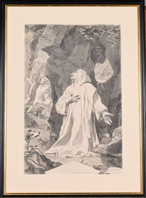 tableau représentant un homme debout dans une grotte, un oiseau dans la main