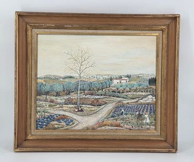 a painting of a landscape with trees and a road in the foreground
