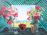 painting of a table with vases of flowers and cherries on it