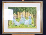 a picture of a painting of a group of people sitting on the grass