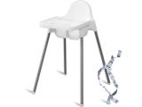 a white high chair with a seat and a seat belt attached to it