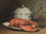 a painting of a lobster on a plate next to a bottle of wine