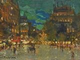 painting of a painting of a city street at night with a clock tower in the background