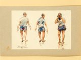 a drawing of three people walking on a beach