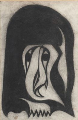 an image of a black and white drawing of a woman ' s face