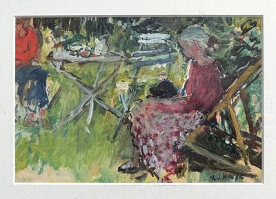 un tableau représentant une femme assise sur une chaise dans un jardin
