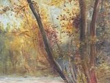 an oil painting of a river and trees in a wooded area