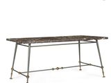 a table with a marble top and metal legs