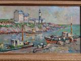 a painting of a harbor scene with boats and a lighthouse