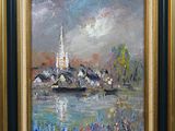 an oil painting of a church on a river with a sky background