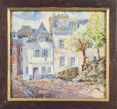 une image représentant une peinture d'une scène de rue avec des maisons en arrière-plan
