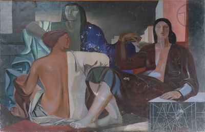 un tableau représentant un homme et une femme assis sur un lit