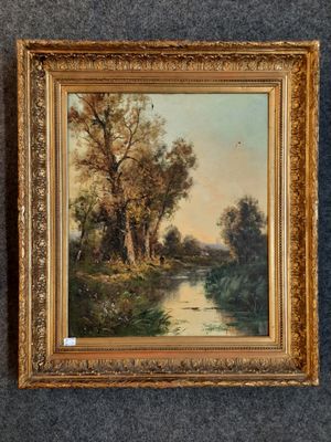 une peinture à l'huile représentant une scène fluviale avec des arbres en arrière-plan