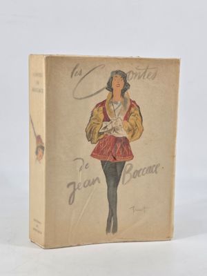 an old book with a drawing of a woman in a red dress