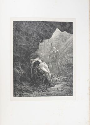 un vieux dessin en noir et blanc représentant un homme et une femme dans une grotte