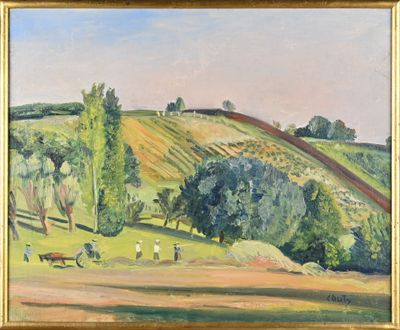 une image représentant un tableau de paysage avec des vaches paissant dans un champ