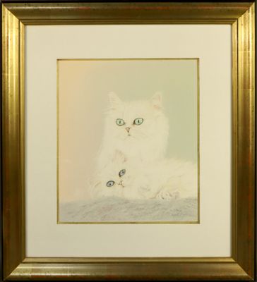 tableau représentant un chat blanc aux yeux bleus, dans un cadre doré