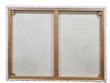a close up of a window with a white background and a wooden frame