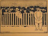 cartoon of a man standing in front of a fence with a crowd behind him