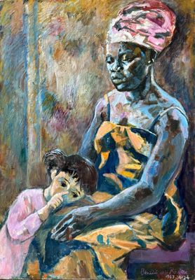une peinture à l'huile représentant une femme tenant un enfant sur ses genoux