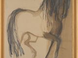 un tableau représentant un cheval, monté dans un cadre en bois