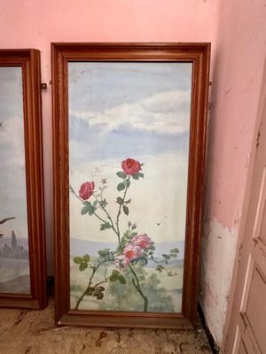 une paire de tableaux encadrés représentant des roses, accrochés au mur d'une chambre rose