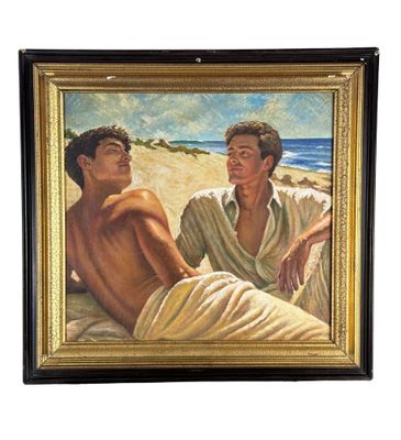 painting of two men sitting on a beach with a towel wrapped around them